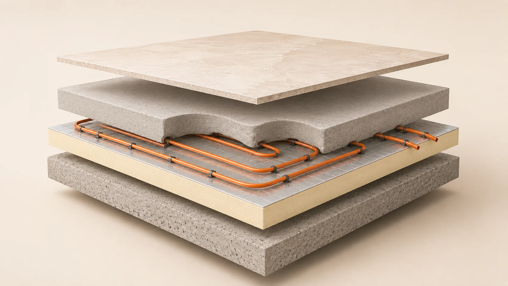 Exploded technical diagram of a heated floor build-up: concrete slab, PIR insulation board, underfloor heating pipework and the screed layer that encapsulates it.