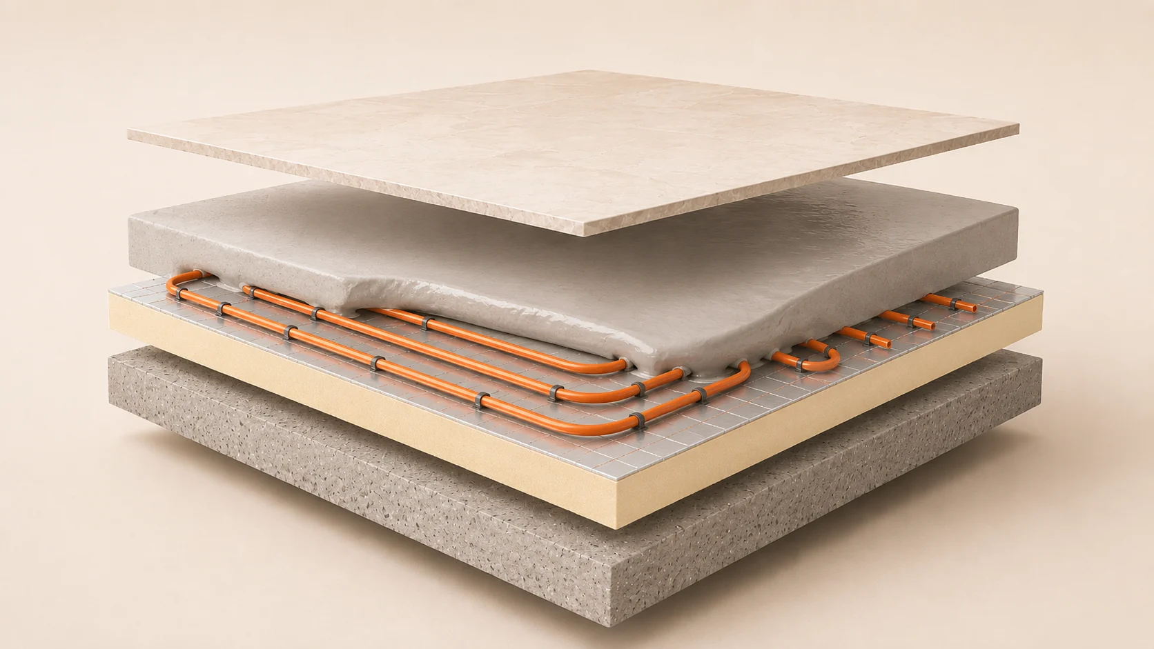 Technical diagram of a flowing liquid screed pour spreading across insulation and underfloor heating pipework to form a level floor layer.