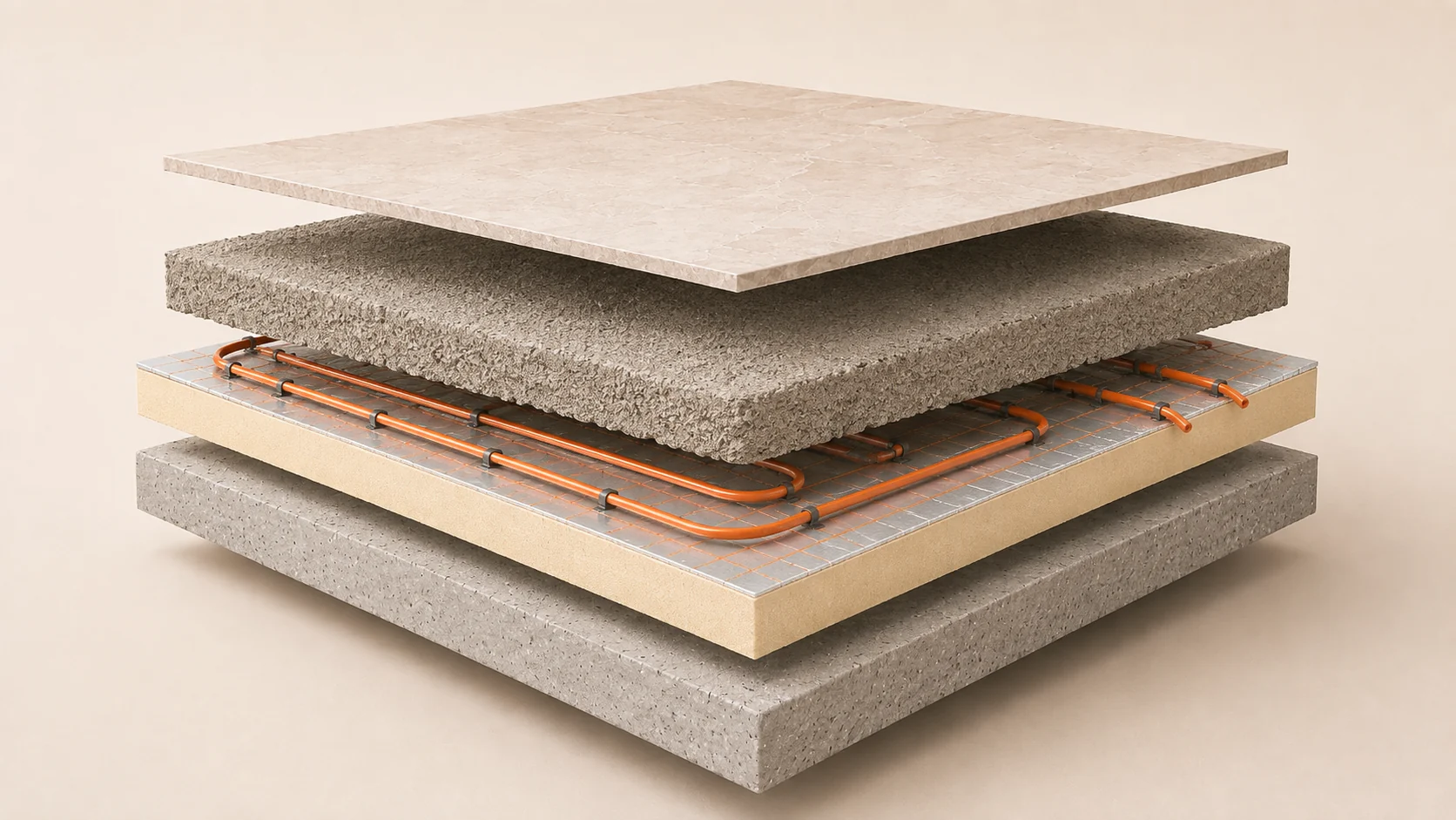 Exploded technical diagram of a traditional sand and cement screed build-up over insulation and a concrete slab.