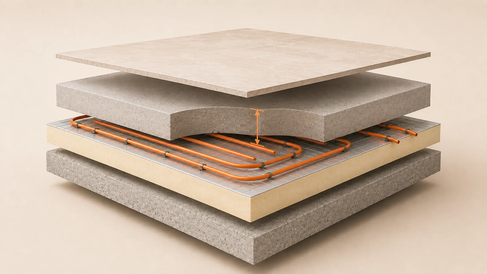 Technical sectional diagram illustrating how screed depth is measured above insulation and underfloor heating pipework.